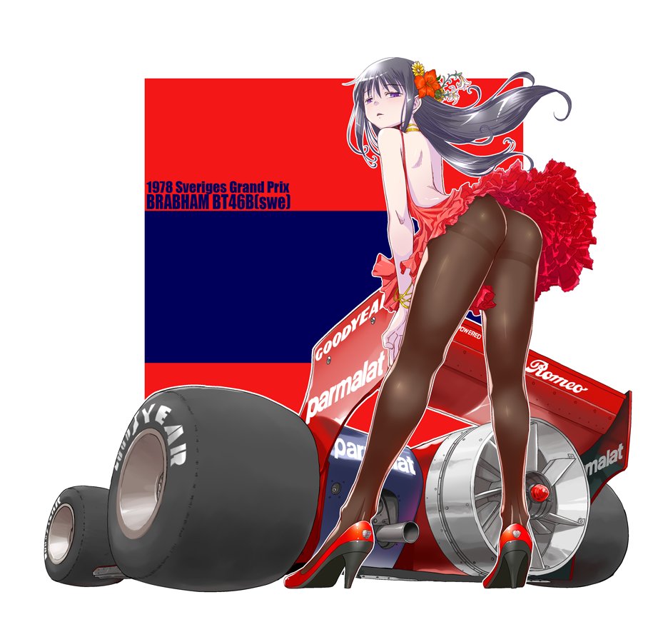 akemi_homura akuma_homura arched_back ass backless_dress backless_outfit bare_back bare_shoulders bent_over black_hair car commentary_request dress formula_one from_behind from_below full_body ground_vehicle hands_on_own_thighs high_heels karappa long_hair looking_at_viewer looking_back mahou_shoujo_madoka_magica mahou_shoujo_madoka_magica_movie motor_vehicle no_panties open_mouth pantyhose purple_eyes red_dress shiny shiny_hair solo text_focus thighband_pantyhose upskirt