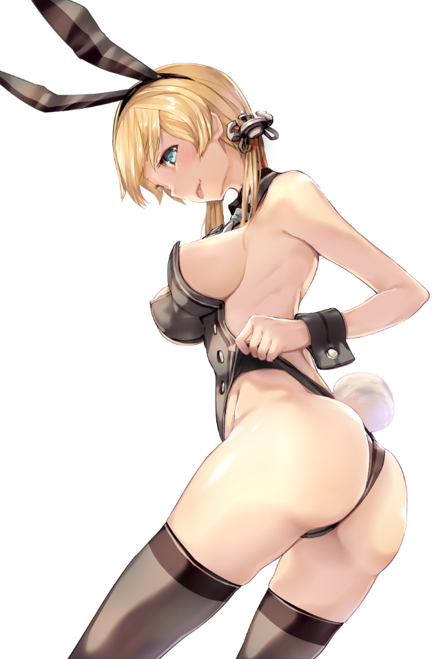 anchor_hair_ornament animal_ears aqua_eyes ass backless_outfit blonde_hair breasts bunny_ears bunnysuit detached_collar fake_animal_ears hair_ornament hairband iron_cross kantai_collection leotard leotard_pull long_hair looking_at_viewer low_twintails medium_breasts prinz_eugen_(kantai_collection) satou_daiji sideboob simple_background solo thighs tongue tongue_out twintails white_background wrist_cuffs