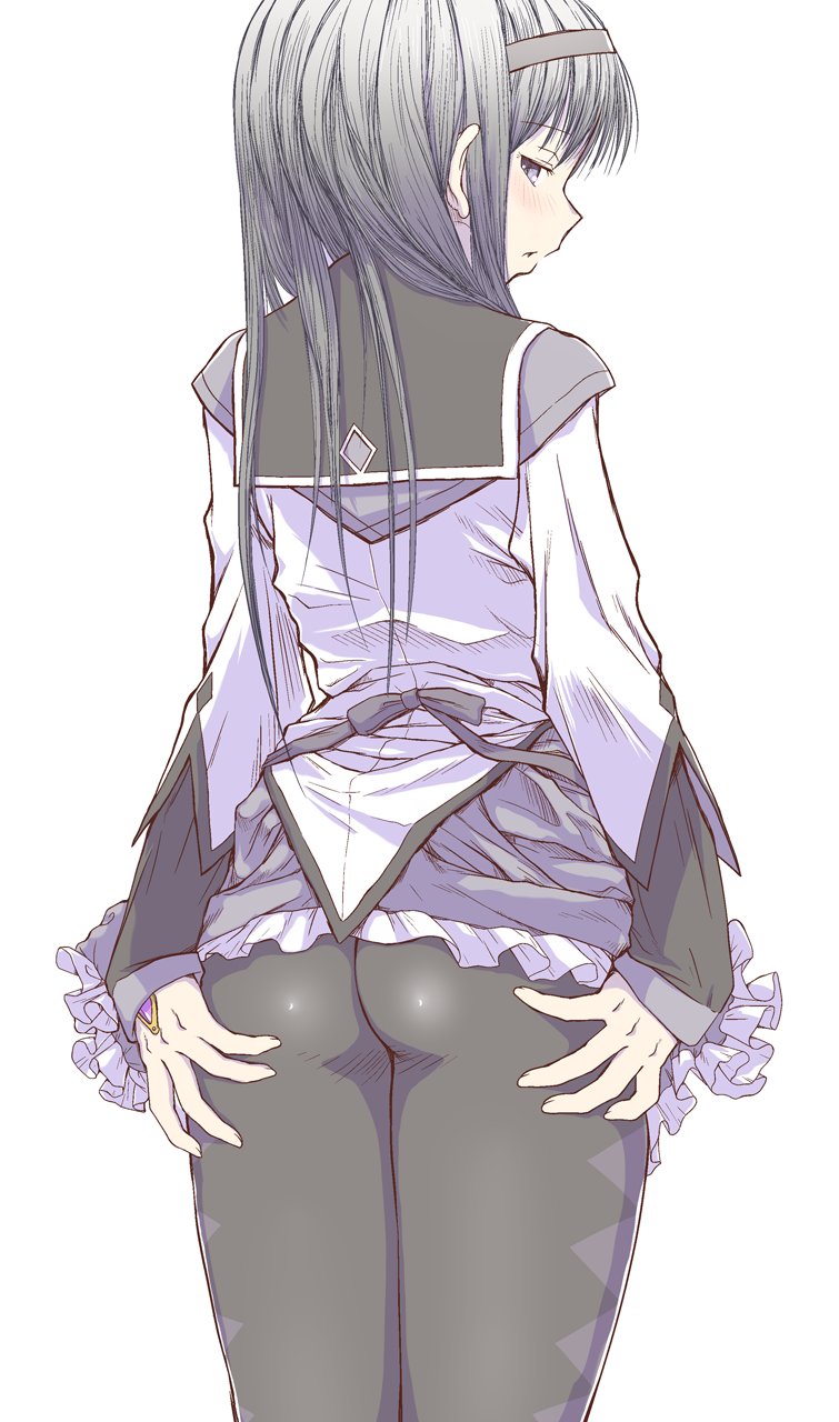 akemi_homura argyle argyle_legwear ass ass_grab black_hair blush commentary_request from_behind grabbing_own_ass hairband highres karappa legs_together long_hair long_sleeves looking_at_viewer looking_back lower_body magical_girl mahou_shoujo_madoka_magica no_panties pantyhose parted_lips pleated_skirt purple_eyes purple_hairband simple_background skirt solo soul_gem standing white_background