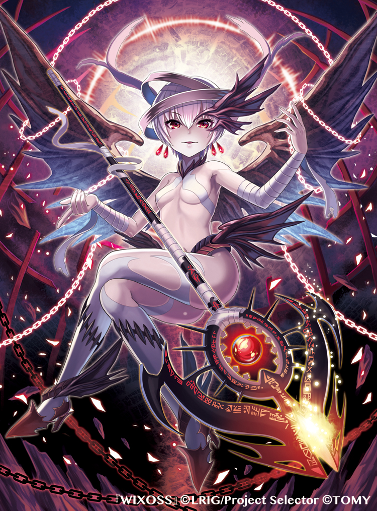 ass bandaged_arm bandages bare_shoulders black_wings breasts chain commentary_request company_name earrings floating full_body glowing hair_ornament hair_ribbon high_heels jewelry madopen navel official_art open_mouth red_eyes revealing_clothes ribbon selector_wixoss short_hair small_breasts smile solo staff thighhighs ulith_(wixoss) white_hair wings wixoss