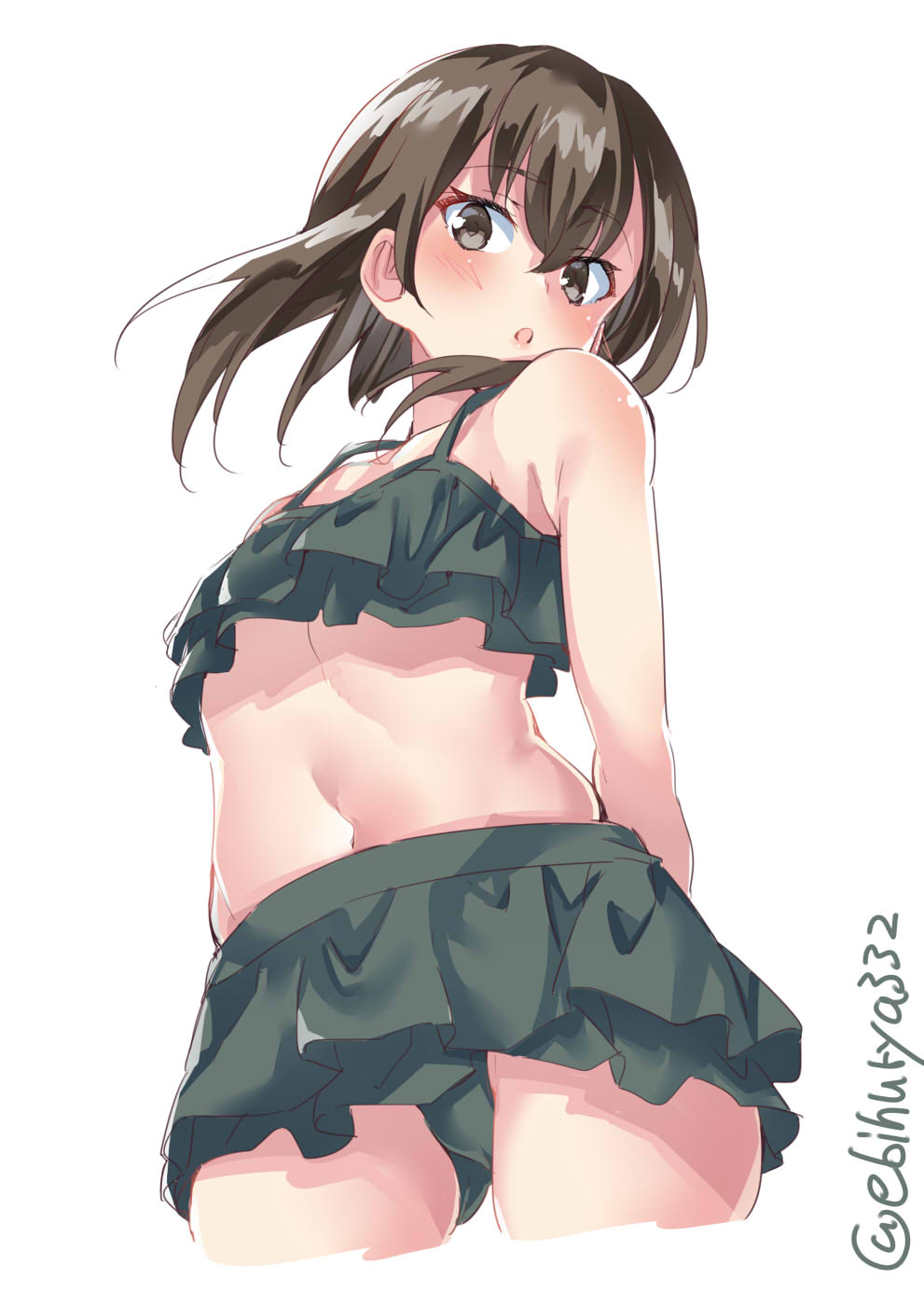 1girl arms_behind_back bikini blush breasts brown_eyes brown_hair commentary_request ebifurya eyebrows_visible_through_hair green_bikini hair_between_eyes highres kantai_collection looking_at_viewer looking_down open_mouth short_hair_with_long_locks simple_background small_breasts solo swimsuit taihou_(kantai_collection) twitter_username white_background