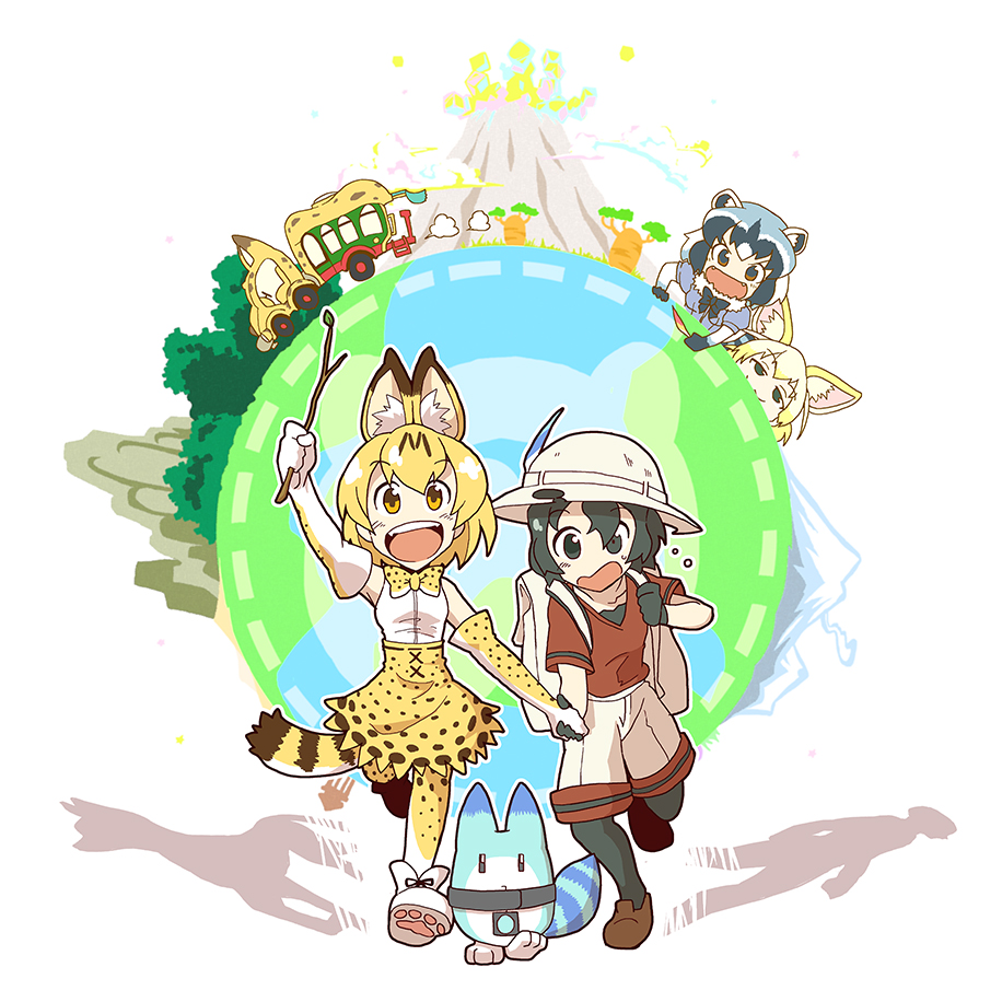 :3 :d animal animal_ears ankle_boots arm_up armpits backpack bag baobab bare_shoulders belt black_eyes black_gloves black_hair black_legwear black_ribbon blonde_hair blue_hair blue_shirt blush boots bow bowtie branch brown_eyes brown_footwear bus bush collarbone common_raccoon_(kemono_friends) cross-laced_clothes d: different_shadow elbow_gloves eyebrows_visible_through_hair fangs fennec_(kemono_friends) food fox_ears full_body fur_collar gloves grass ground_vehicle hat hat_leaf helmet holding_branch holding_feather holding_hands japari_bun japari_bus japari_symbol kaban_(kemono_friends) kemono_friends kokorori-p leaf leg_up looking_at_another looking_at_viewer lucky_beast_(kemono_friends) motor_vehicle multicolored_hair multiple_girls neck_ribbon no_nose open_mouth orange_eyes orange_hair outline pantyhose paw_shoes pith_helmet puffy_short_sleeves puffy_sleeves raccoon_ears raccoon_tail red_shirt ribbon sandstar serval_(kemono_friends) serval_ears serval_print serval_tail shadow shirt shoe_ribbon shoes short_hair short_sleeves shorts silhouette skirt sleeveless sleeveless_shirt smile smug striped_tail tail tareme teeth thighhighs tree v-shaped_eyebrows walking white_background white_footwear white_hair white_hat white_outline white_shirt white_shorts