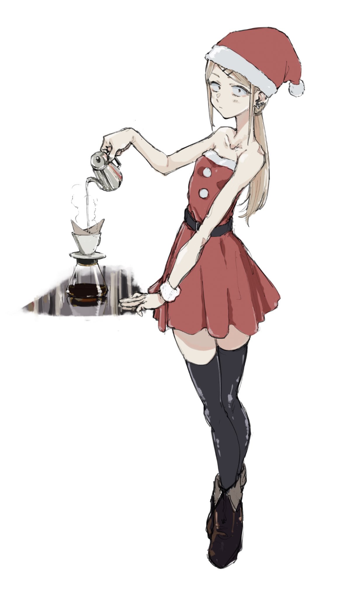 belt black_legwear blonde_hair boots brown_footwear christmas coffee coffee_pot commentary_request dagashi_kashi dress earrings endou_saya eyebrows_behind_hair hair_ornament hat highres jewelry kettle kotoyama leggings long_hair looking_at_viewer piercing pom_pom_(clothes) pouring red_clothes red_hat sanpaku santa_costume santa_dress santa_hat simple_background steam white_background wrist_cuffs