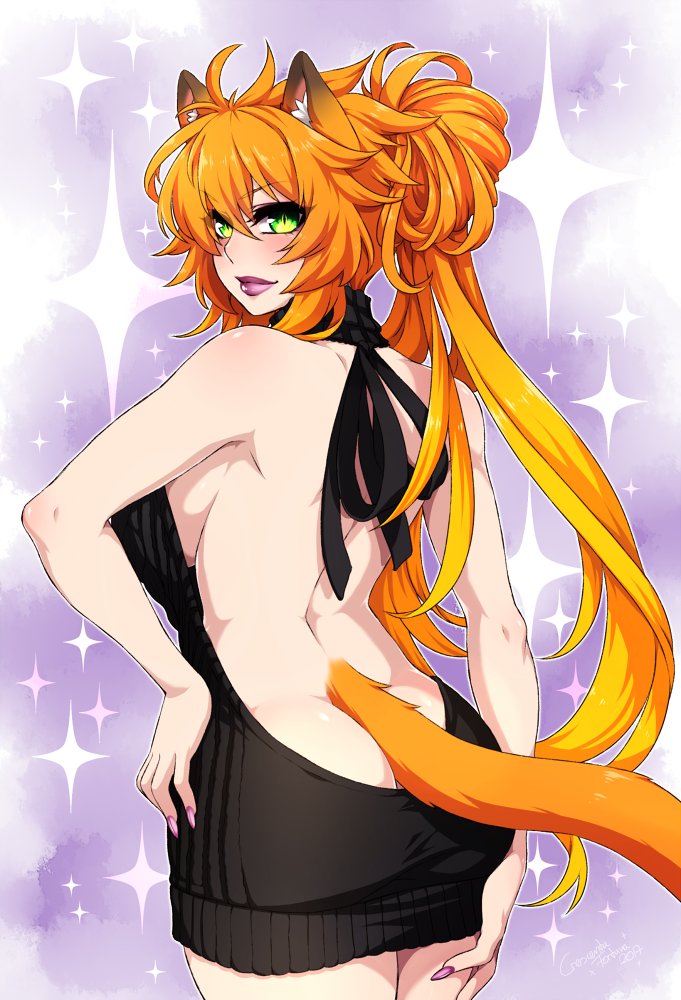 1girl animal_ears aran_sweater ass backless_outfit bare_arms bare_back bare_shoulders breasts butt_crack catheline_(deathblight) cowboy_shot crescentia deathblight from_behind green_eyes halterneck kemonomimi lipstick long_hair looking_at_viewer nail_polish orange_hair sideboob slit_pupils sweater sweater_dress tail turtleneck_sweater virgin_killer_sweater