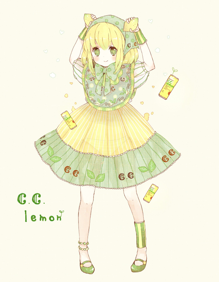 &gt;:) ankle_cuffs ankle_wrap anklet arms_up beige_background blonde_hair blush body_blush c.c._lemon c.c._lemon_(character) can dot_nose dress drink eyebrows_visible_through_hair eyelashes food frills fruit full_body gradient_hair green_eyes green_footwear green_hair green_ribbon head_scarf heart holding holding_food holding_fruit jewelry lemon looking_at_viewer mary_janes multicolored_hair navel neck_ribbon panties plant polka_dot polka_dot_ribbon puffy_short_sleeves puffy_sleeves ribbon see-through shoes short_hair short_sleeves simple_background smile solo standing striped striped_dress striped_panties tareme tenhana39 two-tone_hair underwear v-shaped_eyebrows vertical-striped_dress vertical_stripes wristband