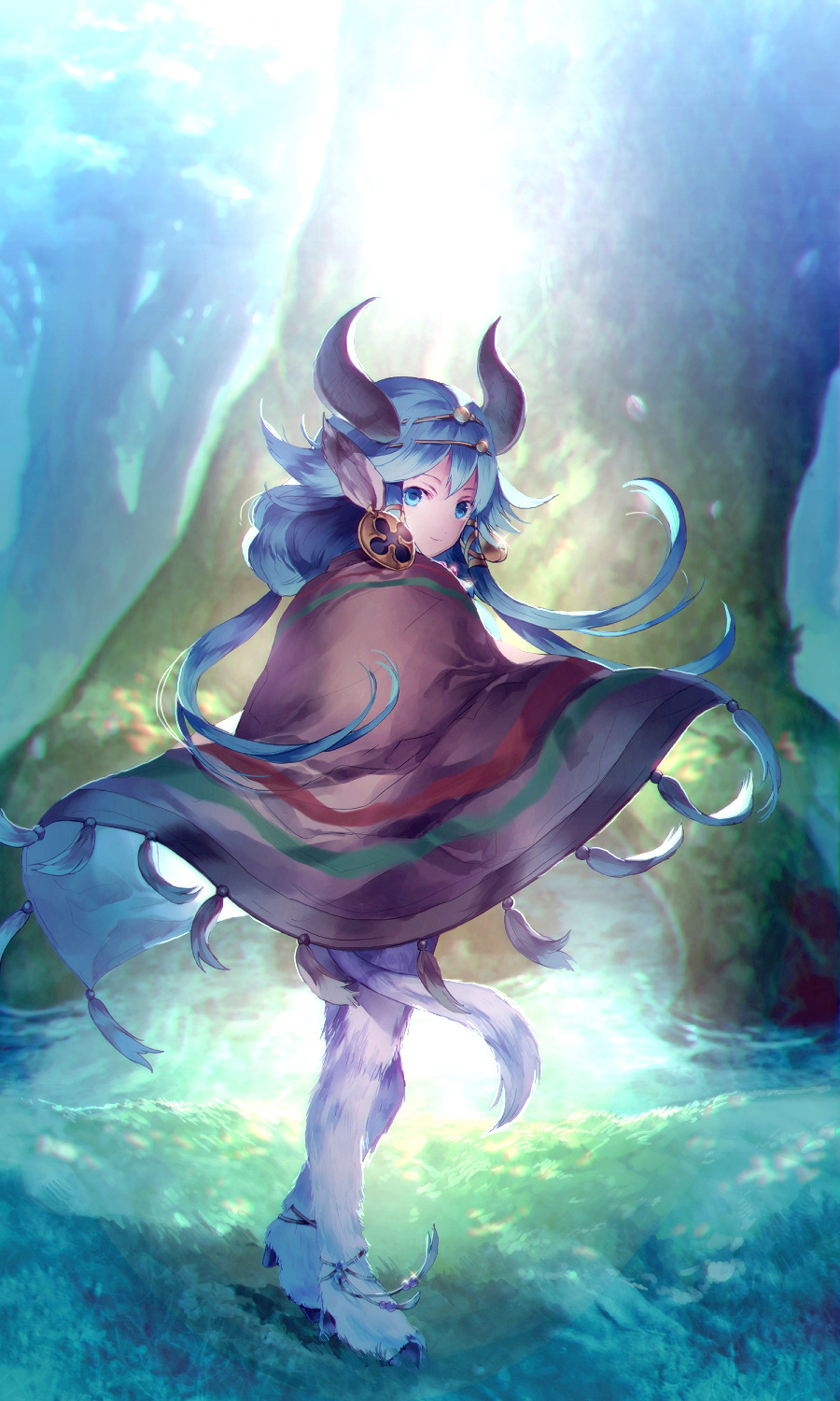 aht animal_ears backlighting blue_eyes blue_hair cape circlet commentary earrings fantasy furry highres hooves horns jewelry light long_hair looking_at_viewer looking_back radiant_historia smile solo sunakumo tail tree