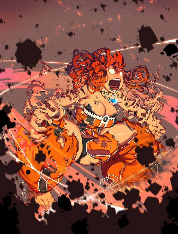 angry aura bare_shoulders barefoot breasts cleavage commentary debris dissolving eureka_brider eyebrows fighting_stance floating_hair full_body glowing glowing_eyes hip_vent jewelry large_breasts long_hair low_twintails no_pupils open_mouth orange_hair original pants pendant powering_up rachel_(eureka_brider) solo squatting twintails