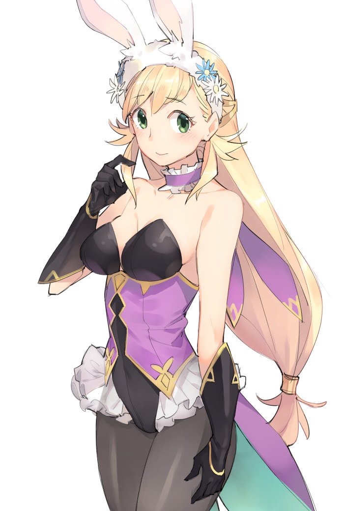 alternate_costume animal_ears blonde_hair bunny_ears bunny_girl bunnysuit fire_emblem fire_emblem_heroes gebyy-terar gloves hair_ornament long_hair looking_at_viewer pantyhose sharena simple_background smile solo white_background