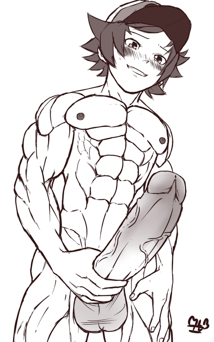 1boy abs blush foreskin huge male male_focus male_only muscle penis pokemon smile solo teeth touya_(pokemon) young