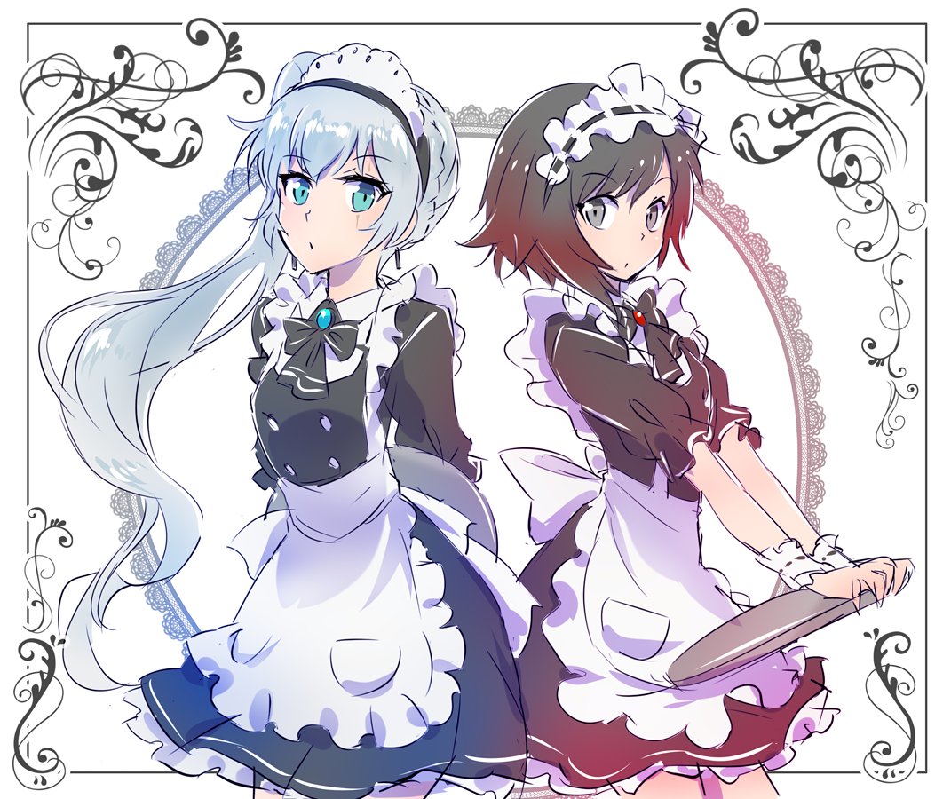 apron black_hair blue_eyes commentary frills iesupa maid maid_apron maid_headdress multiple_girls ponytail red_hair ruby_rose rwby scar scar_across_eye silver_hair tray waitress weiss_schnee white_hair