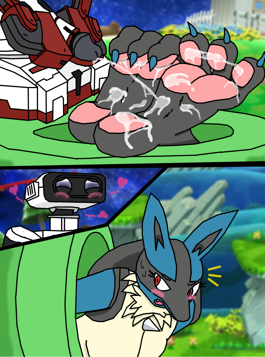 2017 anthro black_fur blue_fur blush breasts canine claws crossover cum cum_on_feet digital_media_(artwork) duo erection feet female foot_fetish foot_focus footjob fur humanoid_penis lucario machine male male/female mammal nintendo open_mouth paws penis pok&eacute;mon r.o.b. raidendeoxysx_(artist) red_eyes robot soles super_smash_bros toes tongue video_games