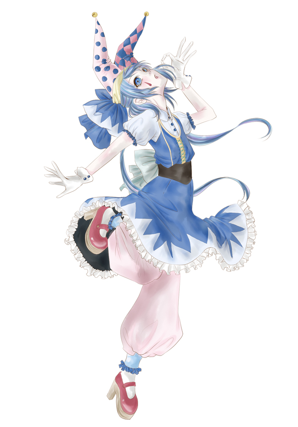 alternate_costume blue_eyes blue_hair bow cirno gloves hair_bow hat jester jester_cap monicanc short_hair solo touhou