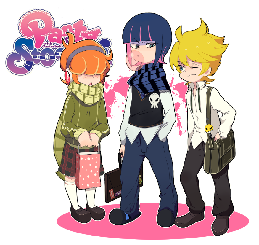 2boys bad_id bad_pixiv_id badge blonde_hair blush brief_(psg) bubble_blowing button_badge chewing_gum genderswap genderswap_(ftm) genderswap_(mtf) hair_over_eyes laphy multicolored_hair multiple_boys official_style one_eye_closed orange_hair panty_&amp;_stocking_with_garterbelt panty_(psg) plaid plaid_scarf scarf short_hair skull socks stocking_(psg) striped striped_scarf two-tone_hair