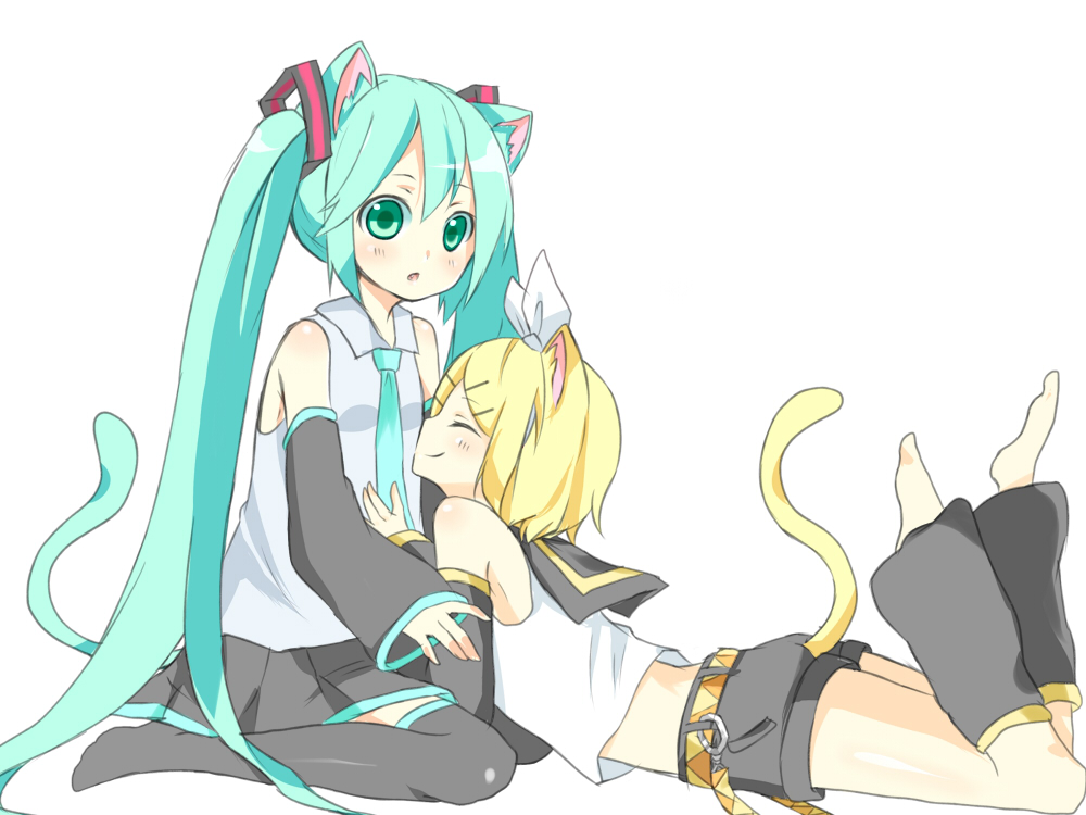 animal_ears aqua_hair belt cat_ears cat_tail closed_eyes detached_sleeves green_eyes hair_ornament hairclip hatsune_miku kagamine_rin long_hair lying midriff multiple_girls necktie nukochan open_mouth simple_background sitting skirt smile tail thighhighs twintails very_long_hair vocaloid