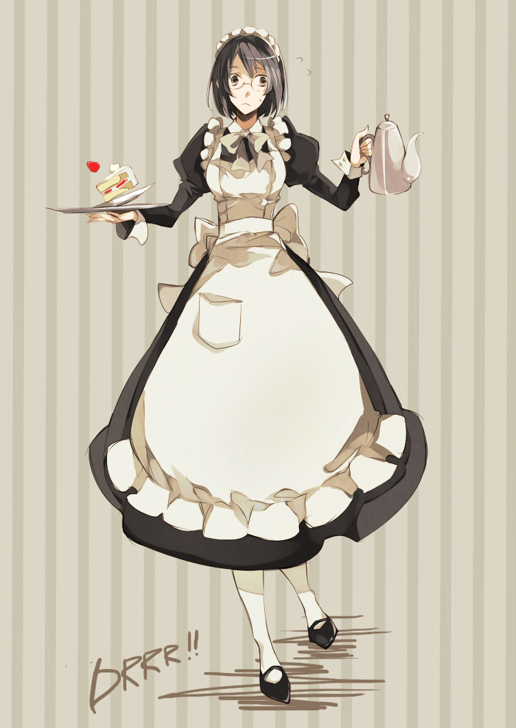 alternate_costume apron bad_id bad_pixiv_id black_hair bob_cut bow breasts brown_eyes cake dress durarara!! enmaided food fruit glasses large_bow large_breasts maid maid_headdress pantyhose short_hair solo sonohara_anri strawberry striped striped_background teapot tray vertical-striped_background vertical_stripes white_legwear yone_(kaguudou)