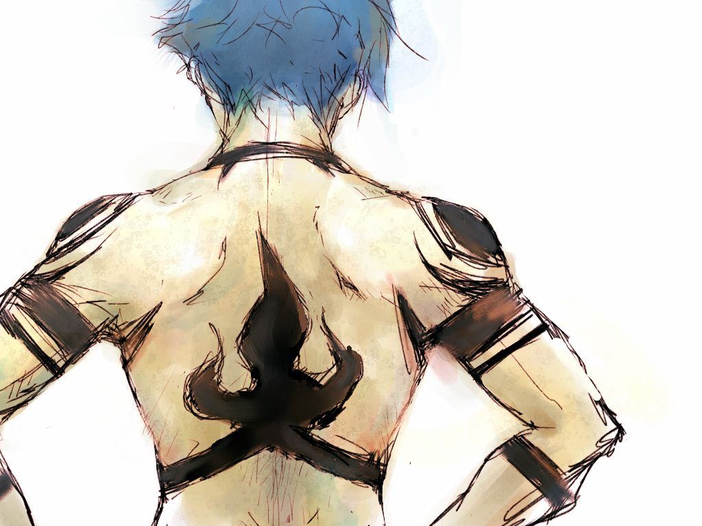 back back_tattoo blue_hair kamina male_focus moyashi_(narukami) shirtless solo tattoo tengen_toppa_gurren_lagann