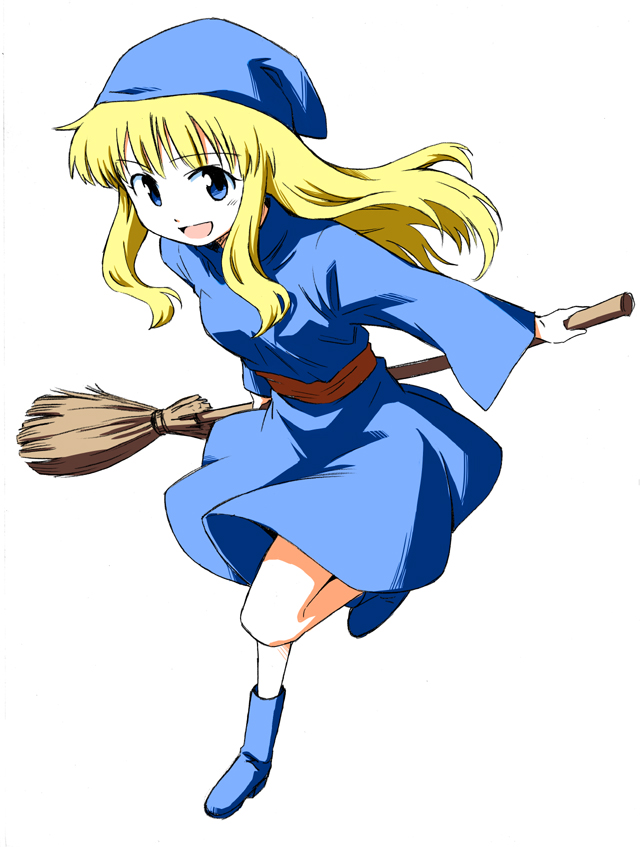 anbe_masahiro blonde_hair blue_eyes boots broom dress hat long_hair madou_monogatari puyopuyo solo witch witch_(puyopuyo)