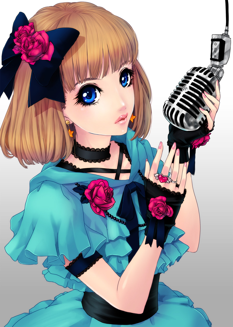 bangs blonde_hair blue_eyes bow choker earrings expressionless eyelashes flower gradient gradient_background hair_bow hair_flower hair_ornament heart-shaped_gem jewelry kunishige_keiichi lace lace-trimmed_choker lace_trim lips looking_at_viewer microphone nail_polish original pink_nails red_flower red_rose ring rose short_hair short_sleeves solo star star_earrings upper_body
