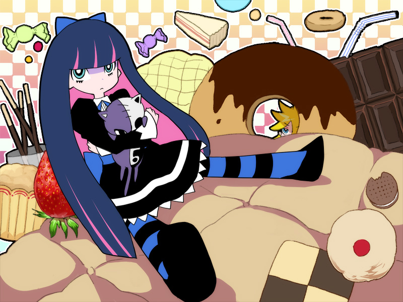 bread candy checkerboard_cookie checkered chocolate chocolate_bar cookie doughnut drinking_straw food fruit inui_nagi long_hair melon_bread multicolored_hair multiple_girls official_style oreo panty_&amp;_stocking_with_garterbelt panty_(psg) pocky stocking_(psg) strawberry striped striped_legwear thighhighs