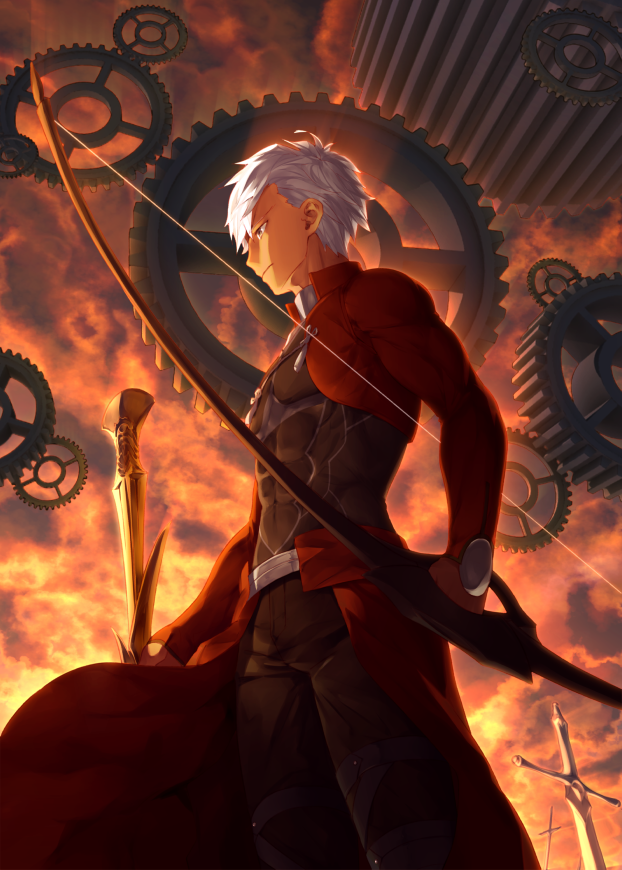 archer bow_(weapon) brown_eyes cloud cloudy_sky commentary_request cowboy_shot dark_skin dark_skinned_male fate/stay_night fate_(series) from_below frown gears harafha holding holding_bow_(weapon) holding_weapon long_sleeves male_focus planted_weapon profile sky solo standing sunlight sword unlimited_blade_works weapon white_hair