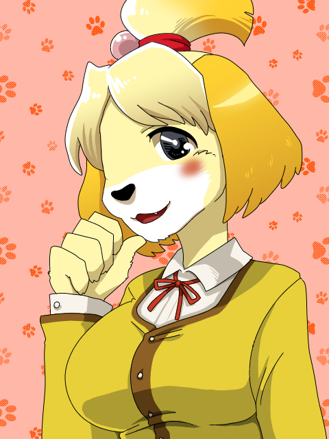 5_fingers animal_crossing anthro black_eyes black_nose blush breasts canid canine canis clothed clothing dog dress_shirt fangs female fur happy isabelle_(animal_crossing) jacket ktn999999999 looking_at_viewer mammal nintendo open_mouth ribbons shih_tzu shirt simple_background solo video_games white_fur yellow_fur