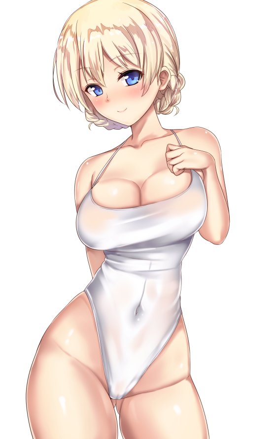arm_behind_back ass_visible_through_thighs blonde_hair blue_eyes blush braid breasts cleavage closed_mouth collarbone contrapposto covered_navel cowboy_shot darjeeling eyebrows_visible_through_hair french_braid girls_und_panzer groin hand_on_own_chest highleg highleg_swimsuit large_breasts long_hair looking_at_viewer one-piece_swimsuit shiny shiny_hair short_hair simple_background smile solo standing strap_pull swimsuit thighs tied_hair twin_braids untsue white_background white_swimsuit