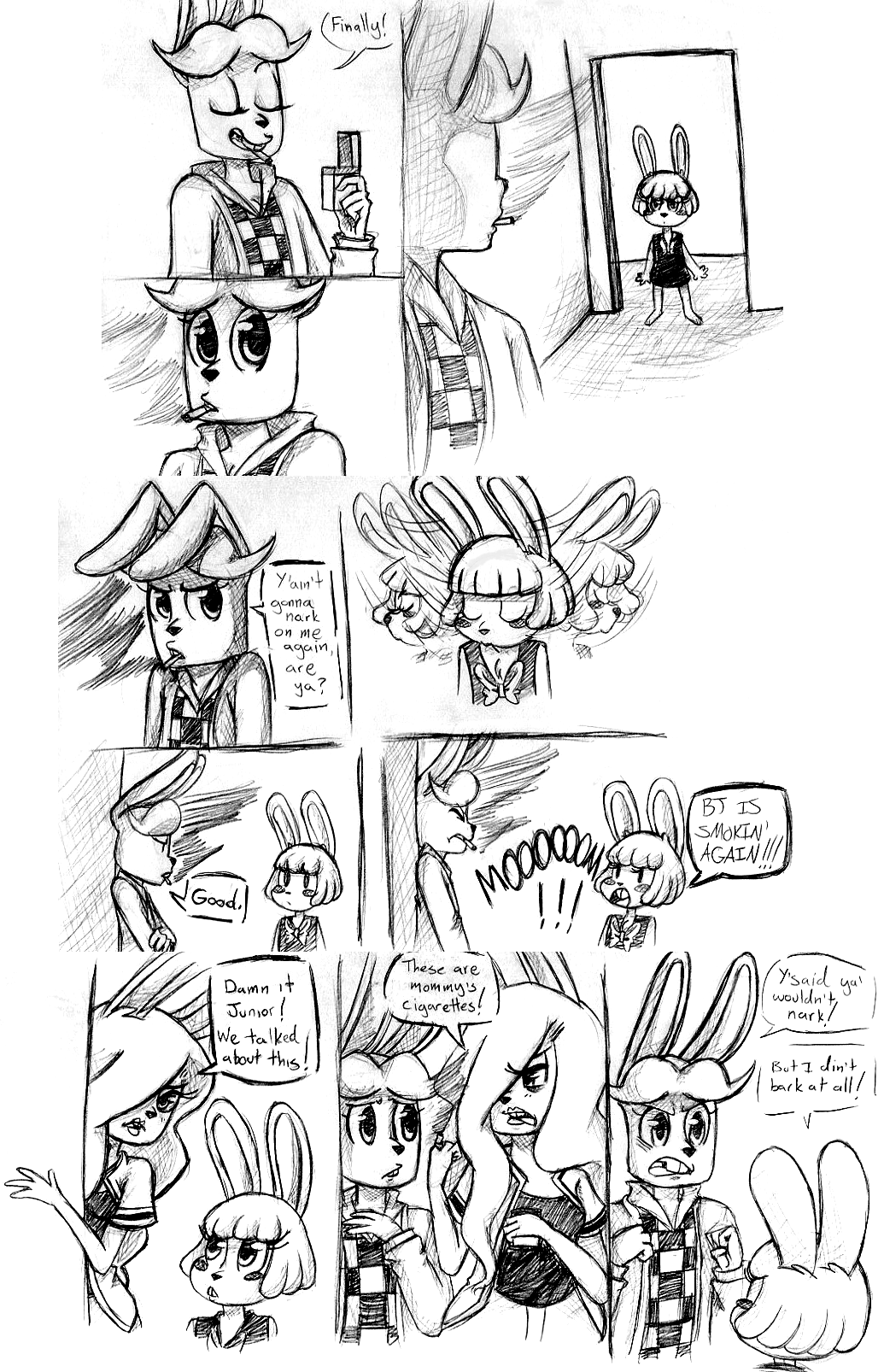 2016 alternate_species anthro black_and_white bonnie_(fnaf) bow_tie buckteeth chest_tuft cigarette clothed clothing comic cub dialogue english_text female five_nights_at_freddy's five_nights_at_freddy's_2 furrification group hair hair_over_eye inkyfrog lagomorph male mammal monochrome rabbit simple_background smoking teeth text toy_bonnie_(fnaf) traditional_media_(artwork) tuft video_games white_background young
