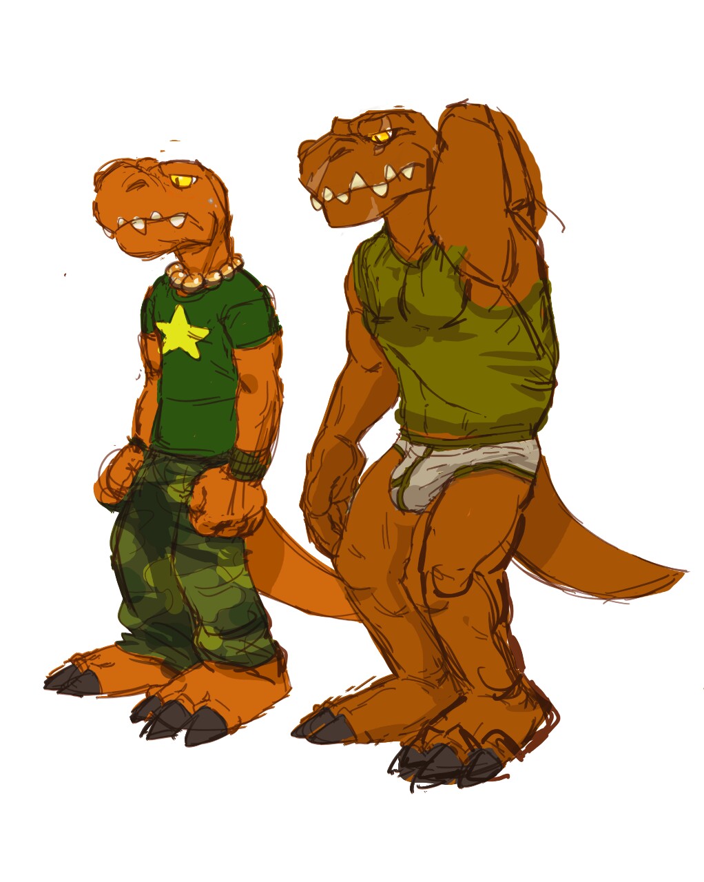 2017 anthro armpits clothed clothing dinosaur dj_mixer_(character) father father_and_son green_shirt male orf parent partially_clothed slouch son underwear