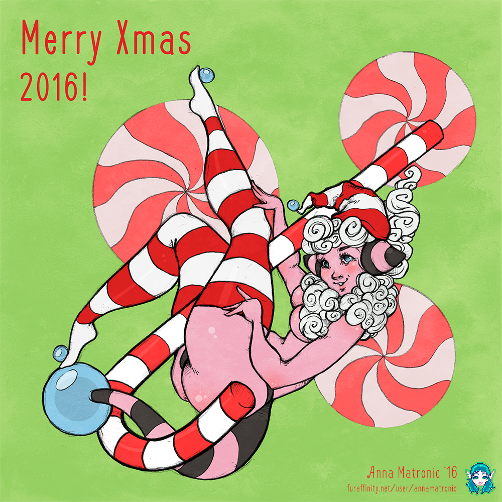 2016 anna_matronic anthro anthrofied blue_eyes blush breasts butt candy candy_cane christmas clothing english_text female flaaffy food green_background hair hat holidays legwear long_hair mole_(marking) mostly_nude nintendo pink_skin pok&eacute;mon pok&eacute;morph side_view signature simple_background smile solo stripes text video_games white_hair