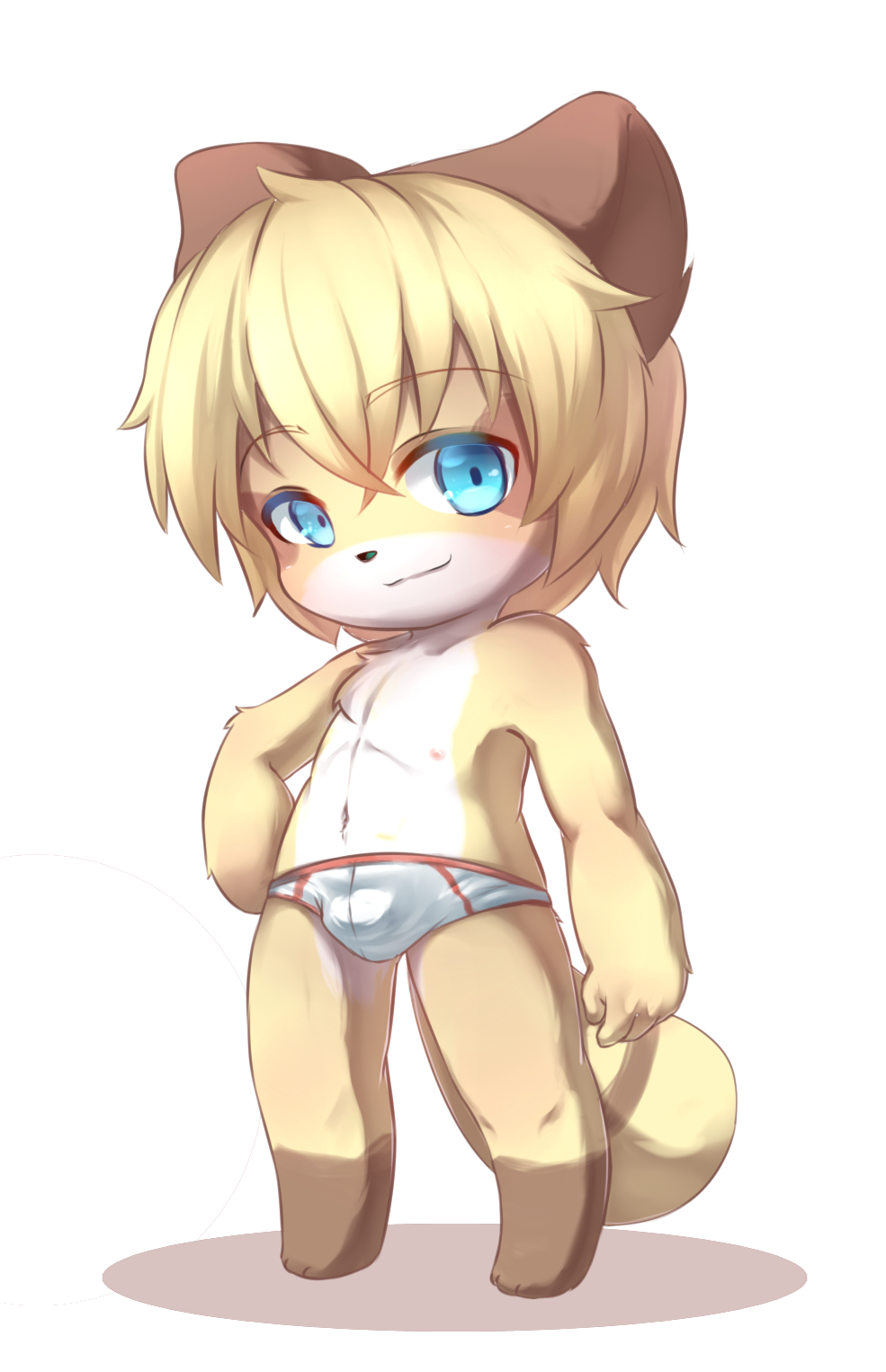 abababab anthro blue_eyes blush brown_fur bulge clothed clothing cub fur male mammal multicolored_fur navel nipples raccoon shadow simple_background smile solo standing tan_fur three_toned_fur tighty_whities topless underwear white_background white_fur young