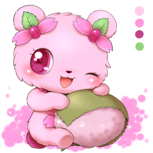 bear blush cherry_blossom color_swatch eyelashes female feral food fur jewelpet jewelry leaves mammal mochi necklace open_mouth plant purple_eyes sakuran sanrio simple_background solo sweetspet tongue white_background アイミ