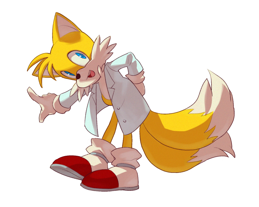 anthro apapple black_nose blue_eyes canine clothing footwear fox fur gloves male mammal miles_prower simple_background solo sonic_(series) video_games white_fur yellow_fur