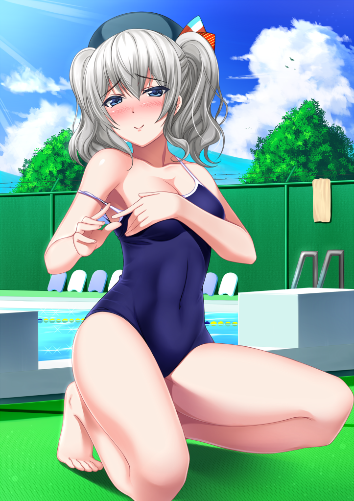 alternate_costume blue_eyes blue_sky blush breasts cleavage cloud competition_school_swimsuit day fence kantai_collection kashima_(kantai_collection) kickboard kneeling lane_line large_breasts one-piece_swimsuit outdoors pool pool_ladder poolside school_swimsuit shibata_rai sidelocks silver_hair sky solo strap_slip swimsuit thighs tree tsurime twintails wavy_hair