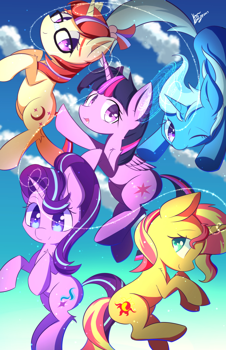 2017 cloud cutie_mark equestria_girls equine eyewear feathered_wings feathers female feral friendship_is_magic glasses group hair horn kawaiipony2 looking_at_viwer mammal moondancer_(mlp) multicolored_hair my_little_pony outside purple_feathers sky smile starlight_glimmer_(mlp) sunset_shimmer_(eg) trixie_(mlp) twilight_sparkle_(mlp) two_tone_hair unicorn winged_unicorn wings