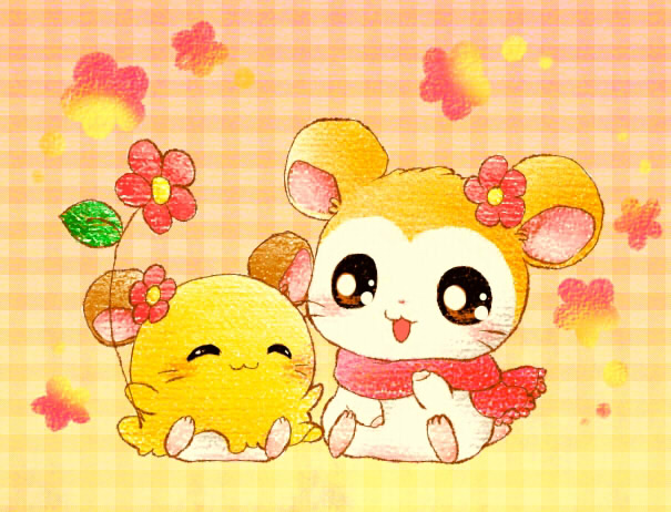 blush brown_fur checkered_background duo eyes_closed female feral flower fur hamster hamtaro_(series) leaf mammal open_mouth pashmina pattern_background penelope_(hamtaro) plant rodent scarf simple_background whiskers white_fur young 獲無胃