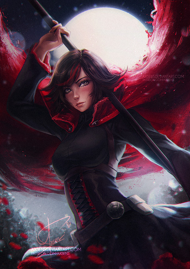 alexandra_mae banned_artist black_hair brown_hair cape chromatic_aberration cowboy_shot crescent_rose deviantart_username full_moon lips moon multicolored_hair outdoors patreon_username red_cape red_hair ruby_rose rwby short_hair signature solo two-tone_hair watermark weapon web_address