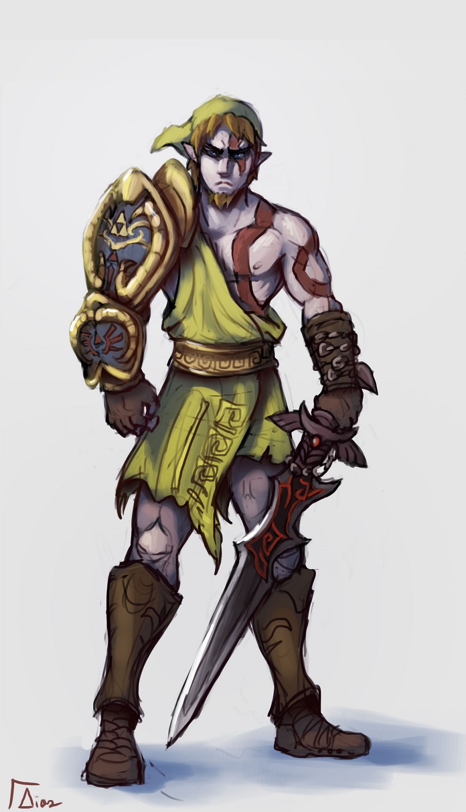bald blonde_hair blue_eyes chains full_body fusion god_of_war hat holding_weapon kratos link male_focus pointy_ears scar scar_across_eye solo sword the_legend_of_zelda white_skin