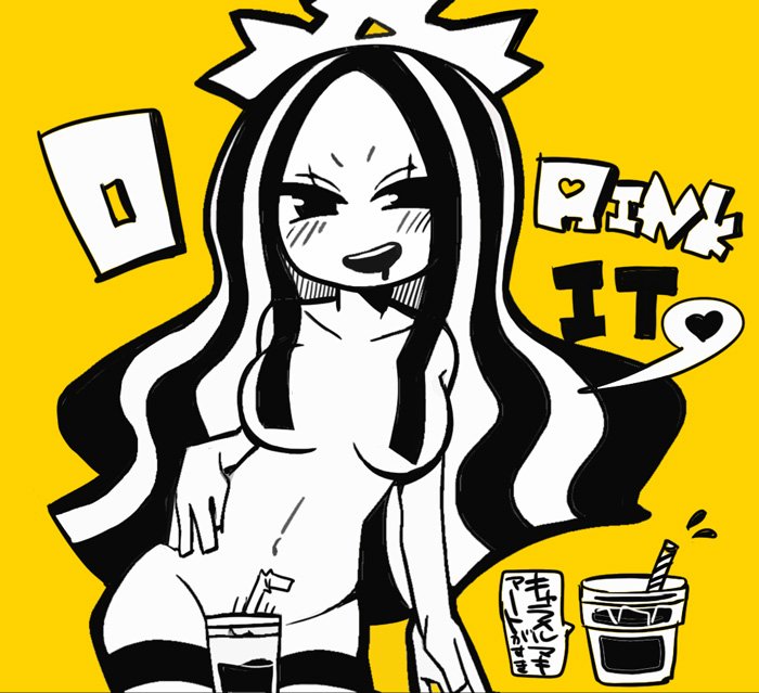 borrowed_character breasts coffee convenient_censoring drooling english hair_censor hair_over_breasts heart iced_coffee long_hair looking_at_viewer medium_breasts monochrome nude open_mouth pussy_peek smile solo spoken_heart starbucks starbucks_siren stb-chan striped striped_legwear tera thighhighs wavy_hair