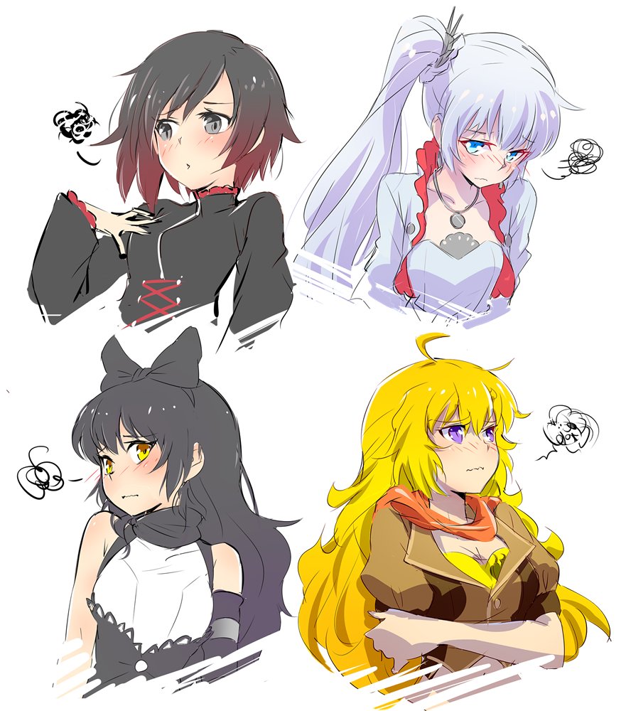 ahoge black_hair blake_belladonna blonde_hair blue_eyes blush breasts cape_removed cleavage commentary iesupa jacket medium_breasts multicolored_hair multiple_girls purple_eyes red_hair ruby_rose rwby scarf shy silver_eyes small_breasts weiss_schnee white_hair yang_xiao_long yellow_eyes