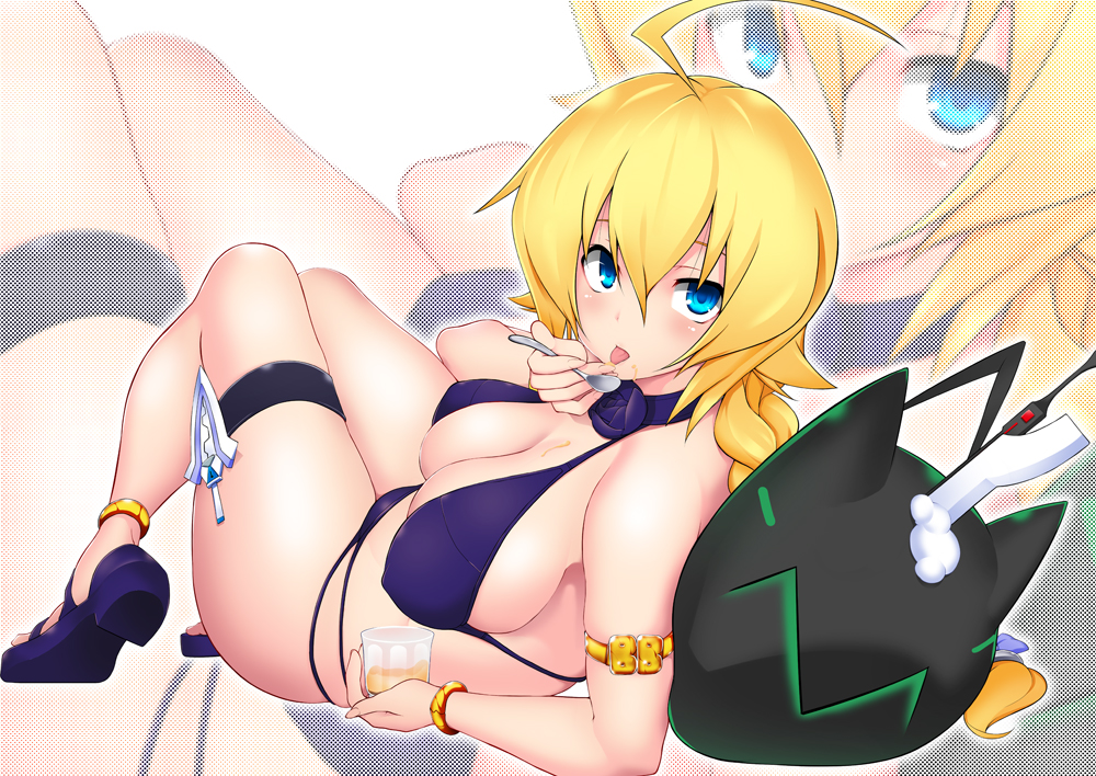 ahoge anklet armlet armpits bikini blazblue blazblue:_central_fiction blonde_hair bracelet braid breasts commentary_request covered_nipples es_(xblaze) food full_body hair_between_eyes halter_top halterneck holster jewelry large_breasts long_hair looking_at_viewer lying on_back pudding purple_bikini sandals single_braid solo spoon swimsuit tanabe_(studio_tiamat) thigh_holster tongue tongue_out xblaze xblaze_code:_embryo zoom_layer
