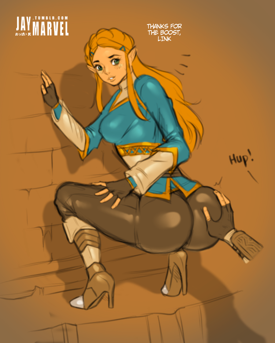 ! 1boy 1girl ass ass_grab blonde_hair blush boots breasts brick_wall bubble_butt eyelashes fingerless_gloves gloves green_eyes hair_ornament hairclip high_heel high_heels huge_ass jay-marvel large_breasts link long_hair looking_back nintendo nipples pointy_ears presenting princess_zelda shoes surprised text the_legend_of_zelda the_legend_of_zelda:_breath_of_the_wild