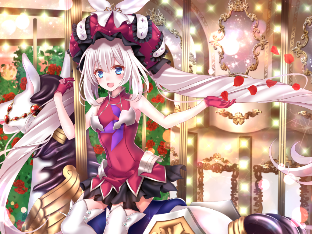 :d bangs bare_shoulders blue_eyes blush boots breasts carousel covered_navel dress fate/grand_order fate_(series) gloves hat long_hair looking_at_viewer marie_antoinette_(fate/grand_order) open_mouth petals red_dress red_gloves rose_petals silver_hair sitting small_breasts smile solo thigh_boots thighhighs twintails very_long_hair yuzushiro