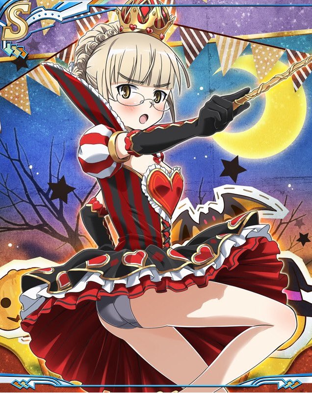 alice_in_wonderland alternate_hairstyle aohashi_ame ass bangs black_gloves black_panties blonde_hair blush braid card card_(medium) card_parody commentary_request cosplay cowboy_shot crescent_moon crown crown_braid dress elbow_gloves from_side glasses gloves hair_up heart heart_print holding looking_at_viewer mini_crown moon night night_sky open_mouth panties perrine_h_clostermann queen_of_hearts queen_of_hearts_(cosplay) red_dress short_dress short_hair sky smile solo standing standing_on_liquid star strike_witches striped supportasse underwear vertical-striped_dress vertical_stripes world_witches_series yellow_eyes