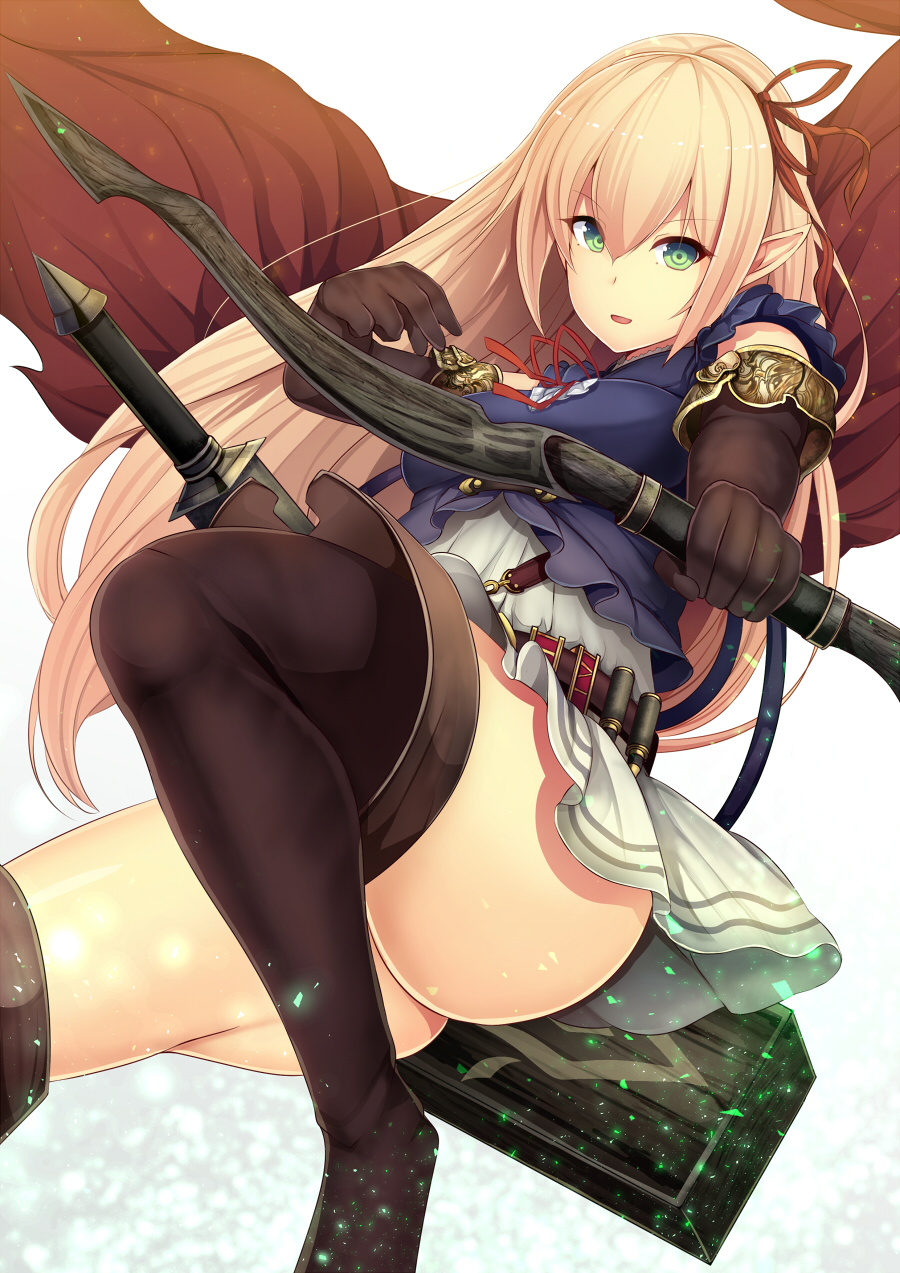 arisa_(shadowverse) ass blonde_hair boots cloak daiaru elbow_gloves elf gloves green_eyes highres long_hair pointy_ears shadowverse smile solo thigh_boots thighhighs thighs weapon