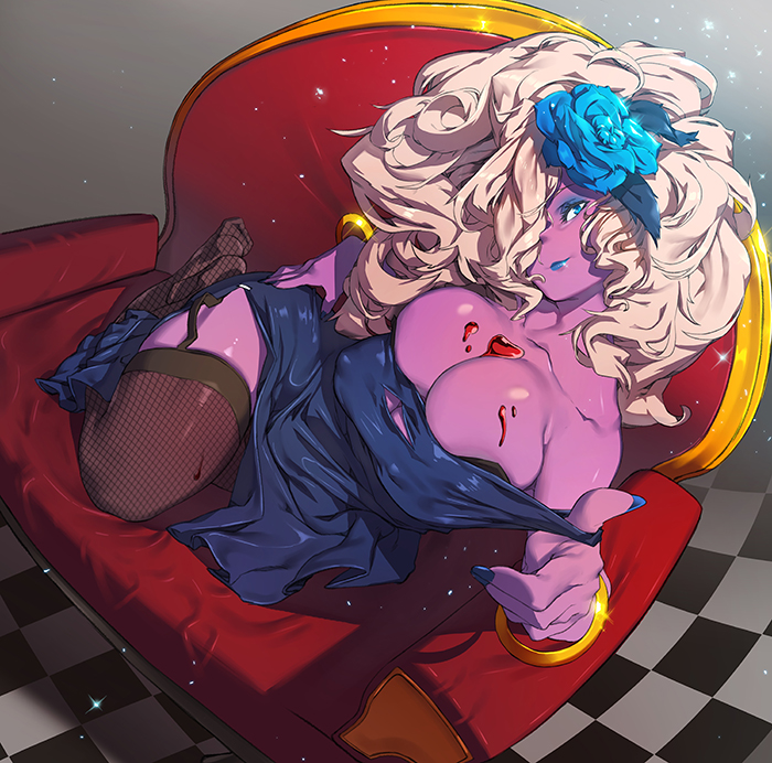 alcohol bangle big_hair black_legwear blonde_hair blue_eyes blue_lipstick bracelet breasts bust_cup checkered checkered_floor cleavage couch covered_nipples dungeon_and_fighter eureka_brider eyeshadow fishnet_legwear fishnets flower full_body hair_flower hair_ornament hair_over_one_eye jewelry large_breasts lipstick long_hair looking_at_viewer makeup no_shoes purple_skin sharan_(dungeon_and_fighter) side_slit solo strap_pull strap_slip thighhighs thighs wine