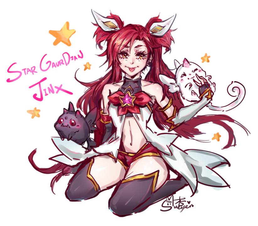 1girl alternate_costume alternate_hair_color alternate_hairstyle elbow_gloves jinx_(league_of_legends) kuro_(league_of_legends) league_of_legends long_hair magical_girl shiro_(league_of_legends) star_guardian_jinx thighhighs tied_hair twintails very_long_hair