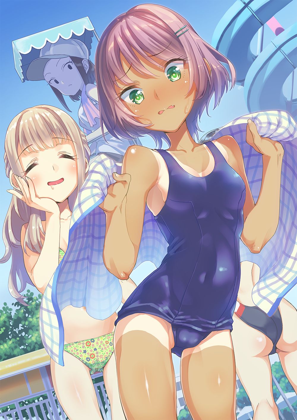 ass ass_visible_through_thighs bikini blonde_hair bouzu_(bonze) brown_hair closed_eyes competition_swimsuit cowboy_shot drooling dutch_angle embarrassed floral_print green_eyes hair_ornament hairclip highres lifeguard long_hair multiple_girls one-piece_swimsuit one-piece_tan original school_swimsuit short_hair swimsuit tan tanline tower water_slide