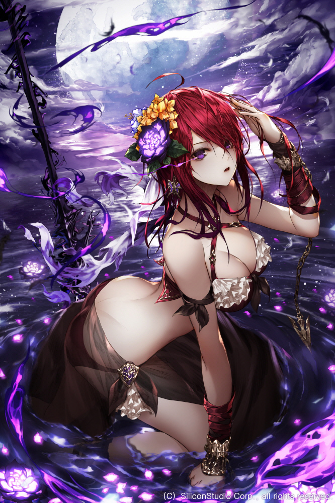age_of_ishtaria arm_at_side arm_ribbon arm_wrap ass bangs bare_shoulders bikini bikini_skirt black_ribbon breasts butt_crack chain cloud cloudy_sky collarbone earrings fingernails flower frilled_bikini frills full_moon hair_between_eyes hair_flower hair_ornament hand_in_hair hand_to_head hand_up jewelry lance large_breasts long_hair looking_at_viewer moon night night_sky open_mouth outdoors partially_submerged planted_weapon polearm red_bikini red_hair red_ribbon ribbon ripples sarong sitting sky solo spear star_(sky) starry_sky swimsuit wanke wariza water weapon