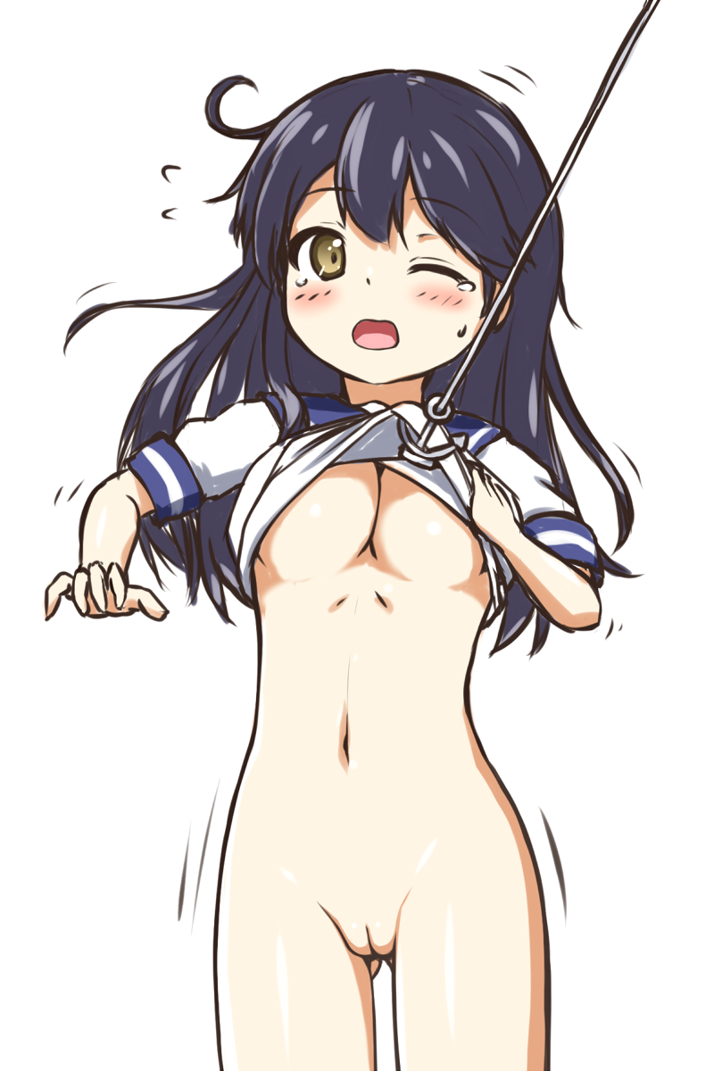 1girl assisted_exposure blue_hair blush bottomless breasts female flying_sweatdrops hook kantai_collection kazumi_(syoki4230) long_hair navel no_bra one_eye_closed open_mouth pussy school_uniform serafuku shirt shirt_lift simple_background solo standing surprised sweatdrop tears uncensored ushio_(kantai_collection) white_background wince yellow_eyes
