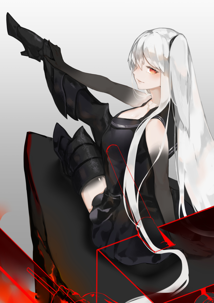 1girl aircraft_carrier_oni armored_boots bangs black_dress boots breasts cleavage commentary_request dress gauntlets grey_background kantai_collection large_breasts long_hair nello_(luminous_darkness) one_side_up orange_eyes pale_skin red_outline sailor_dress shinkaisei-kan short_dress solo swept_bangs thigh_boots thighhighs very_long_hair white_hair